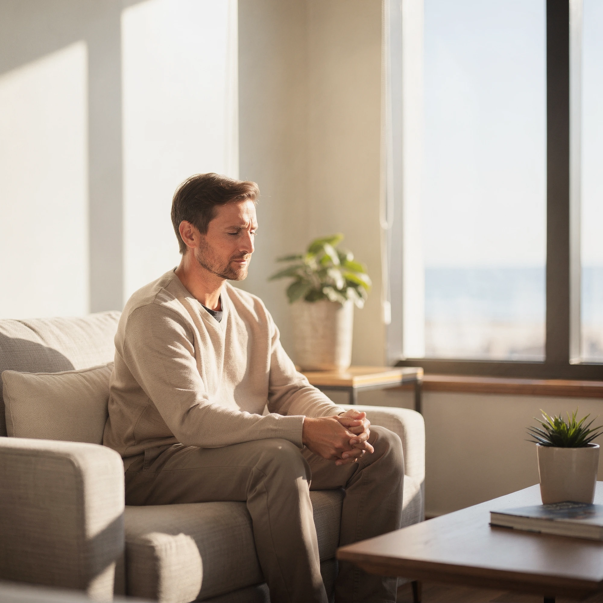 Man sitting on a couch in a bright office with windows, plants, and a calm therapeutic setting